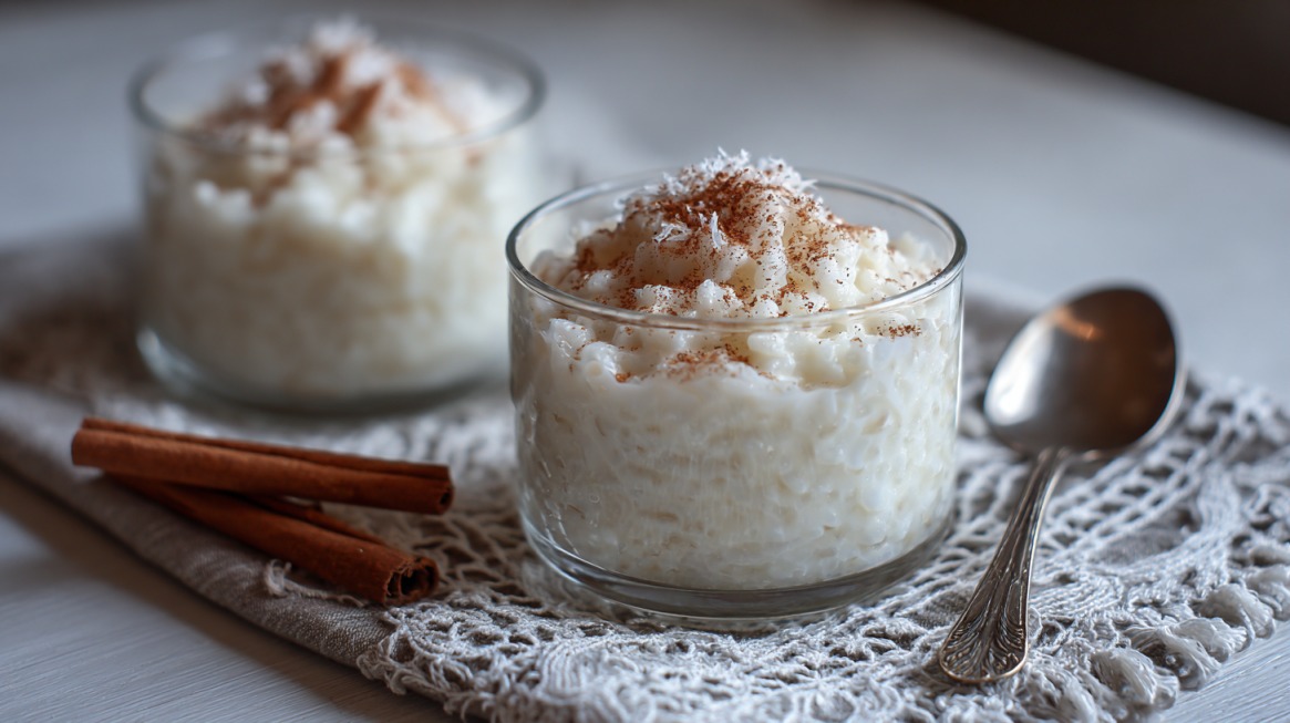Čaše sa sutlijašem posutim cimetom na stolu pored kašike i štapića cimeta