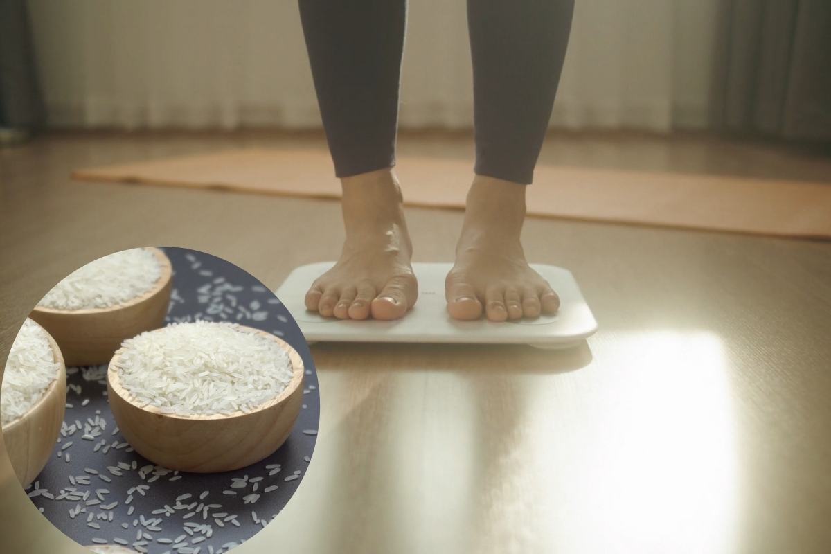 prikaz devojke koja stoji na vagi i pirinča pored